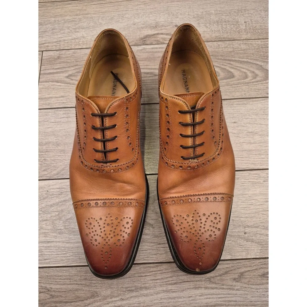 Magnanni Mens Cognac Leather Brogue Cap‎ Toe Oxford Dress Shoes 19399 Size 9.5 M